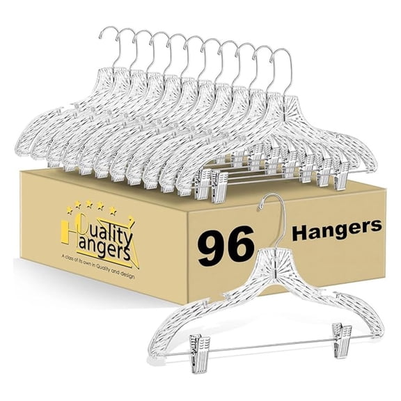 Quality Clear Plastic Skirt Hangers - 96 Pack Crystal Cut for Skirt, Pant, Dress, Suit, Coat Hangers Heavy Duty & Nonslip Design Adjustable Clips, Swivel Hook, 17" inch