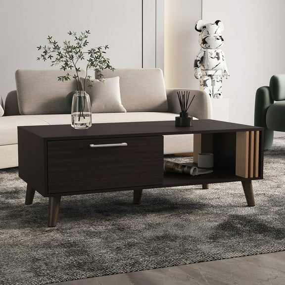 Quality Coffee Table With Managed Shelf And Door, Black Natural Oak Sophisticated Systematized Storage Area,