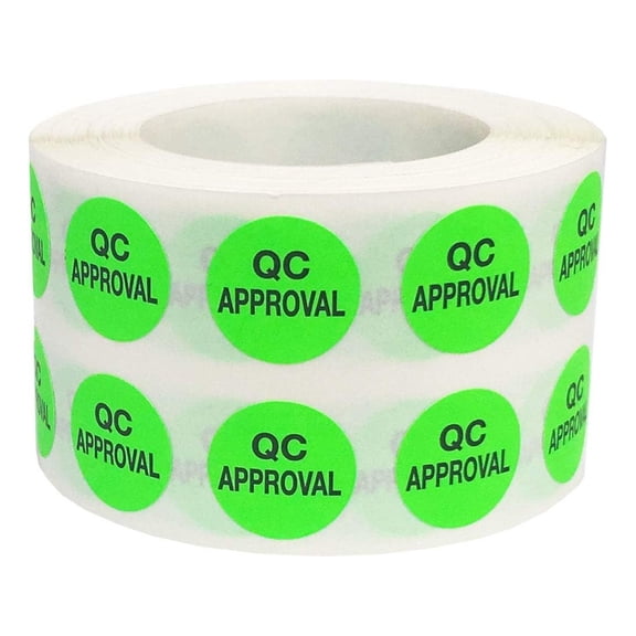 Quality Control Approval Stickers, QC Tester Labels on Fluorescent Green Paper, Suitable for Warehouse and Manufacturing, 1/2 Inch Round, 1000 Labels Per Roll, Case of 5 Rolls 5000