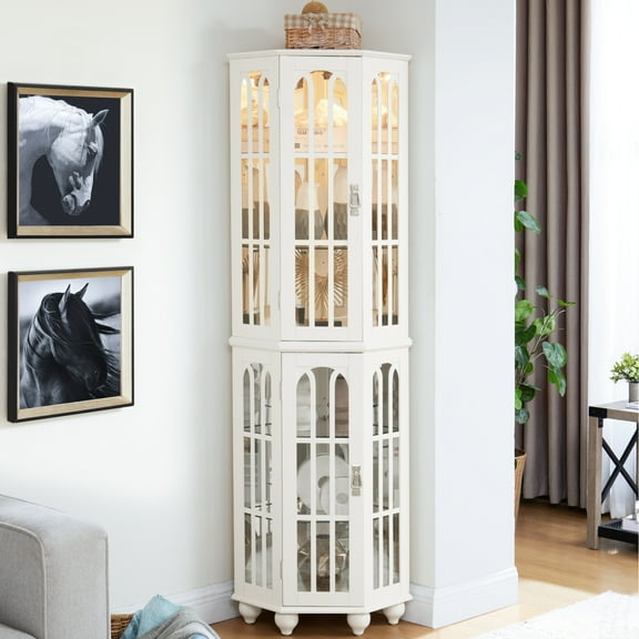 Quality Corner Curio With Glass Doors And Adjustable Shelves In White Finish Cabinet Built-in Fixture