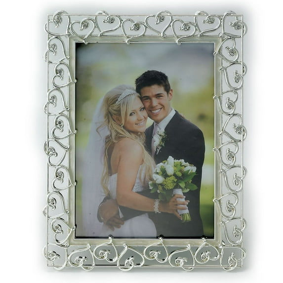 Quality Gold 8x10 Silver Plated Metal Picture Frame - Open Heart Design with Crystals and Ivory Enamel