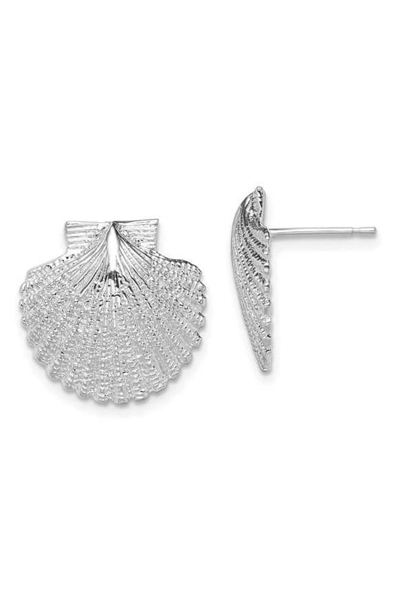 QE15509 Sterling Silver Polished Large Scallop Shell Post Earrings, White