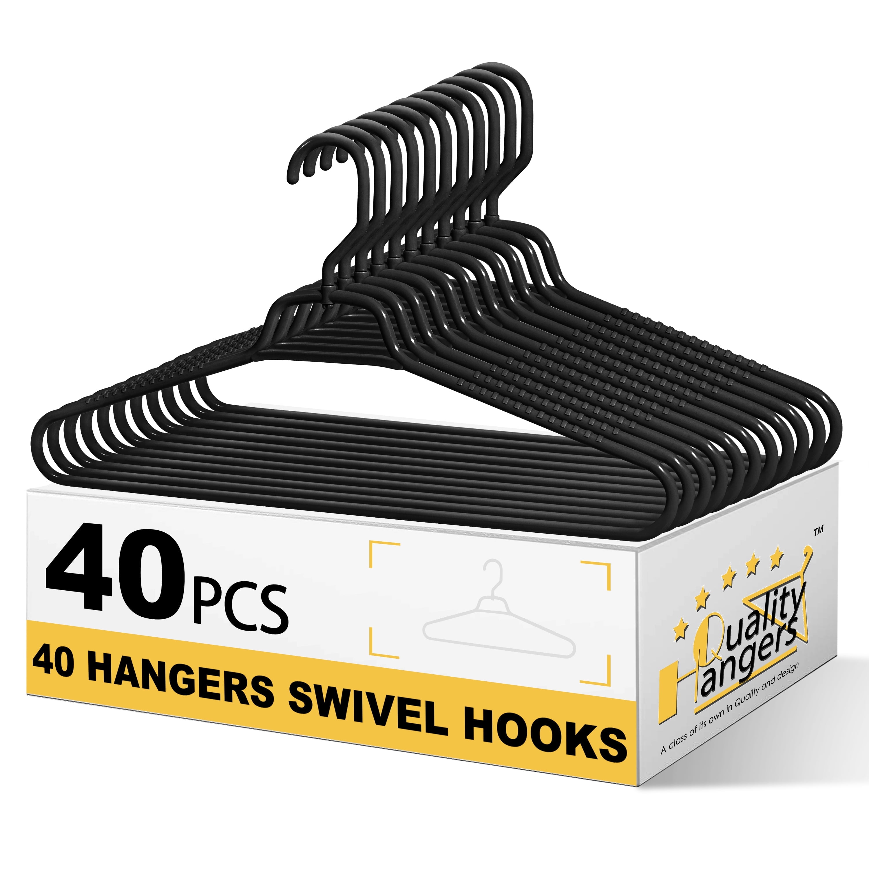 Quality Hangers Heavy Duty Black Plastic Hangers 40-Pack with Swivel Hook | 7mm Thick Non Slip Coat Hangers with Accessory Bar | Ideal Clothes Hangers Plastic for Everyday Use | 17 Inches (40, Black)