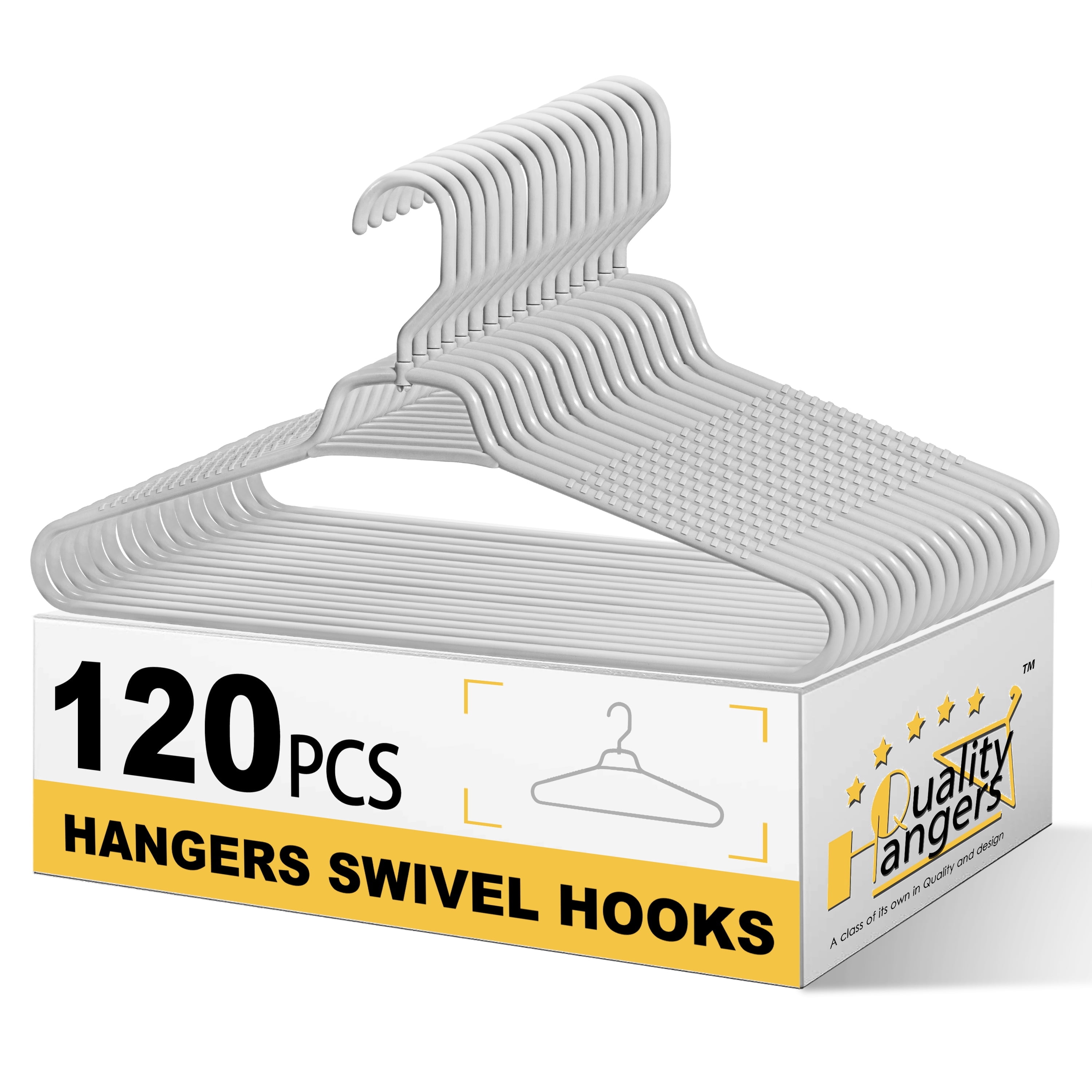 Quality Hangers Heavy Duty Gray Plastic Hangers 120-Pack with Swivel Hook | 7mm Thick Non Slip Coat Hangers with Accessory Bar | Ideal Clothes Hangers Plastic for Everyday Use | 17 Inches (120, Grey)