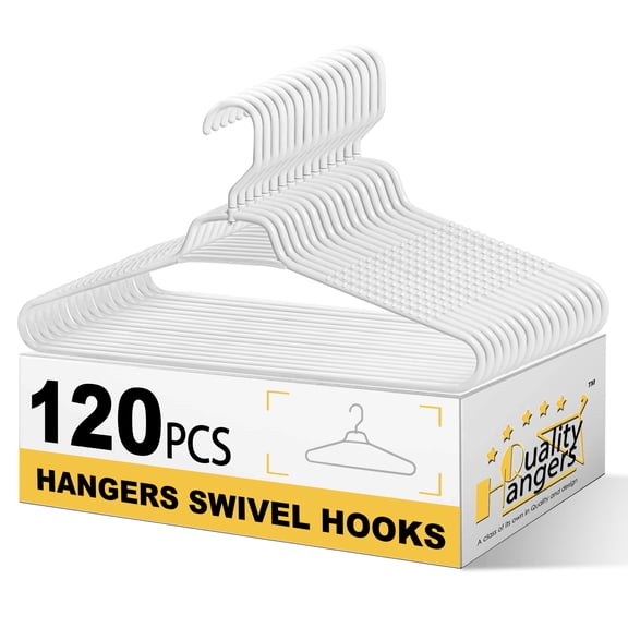 Quality Hangers Heavy Duty White Plastic Hangers 120-Pack with Swivel Hook | 7mm Thick Non Slip Coat Hangers with Accessory Bar | Ideal Clothes Hangers Plastic for Everyday Use | 17 Inches 120, White