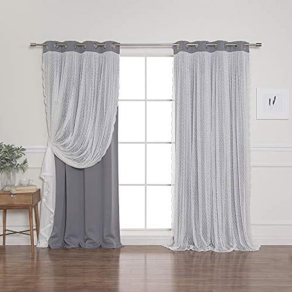 Quality Home Dotted Lace Overlay Thermal Insulated Blackout Curtains - Stainless Steel Nickel Grommet Top - Grey - 52" W x 84" L - (Set of 2 Panels)