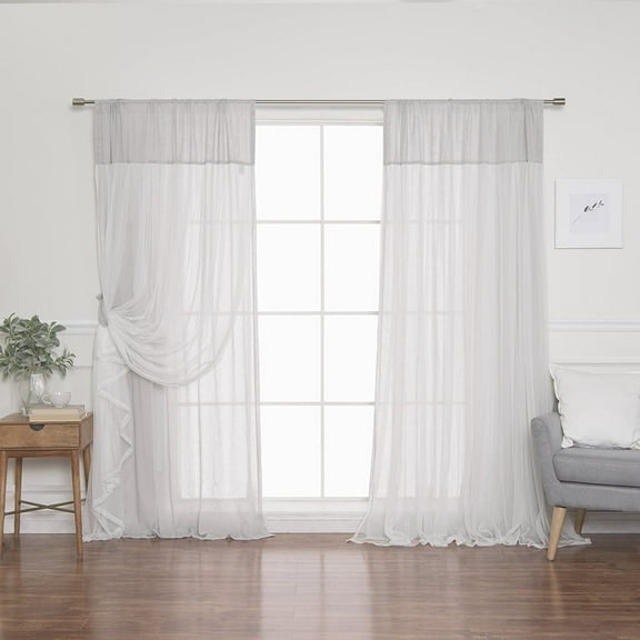 Quality Home Faux Pippin Linen Sheer Tulle Overlay Curtains - Rod Pocket - Grey - 50" W x 84" L - Tie Backs Included (Set of 2 Panels)