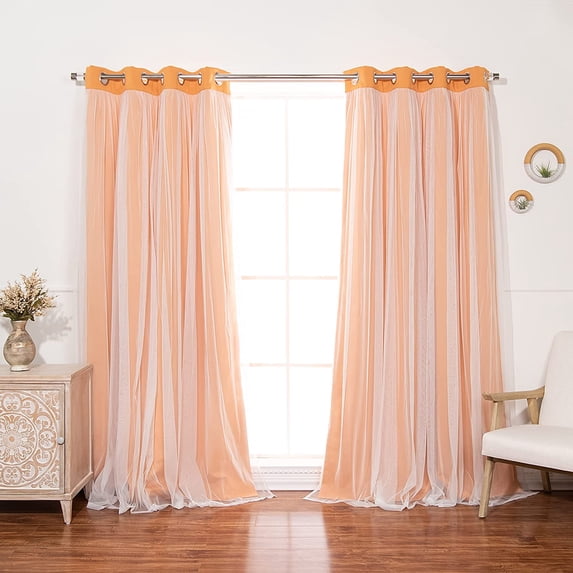 "Quality Home Gathered Tulle Overlay Blackout Curtain Panel Pair - Stainless Steel Nickel Grommet Top - ORANGE - 52"" W x 108"" L - (Set of 2 Panels)"