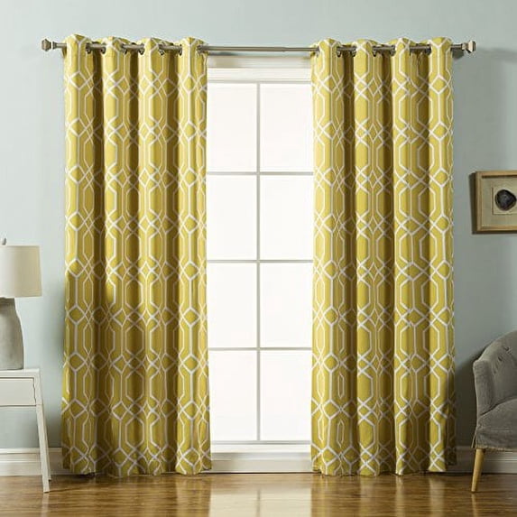 Quality Home Geometric Trellis Printed Room Darkening Curtains - Stainless Steel Nickel Grommets - Mustard - 52"W x 84"L - (Set of 2 Panels)