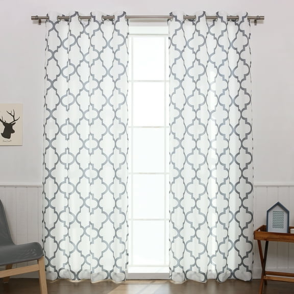 Quality Home Oxford Basketweave Reverse Moroccan Print Curtains – Stainless Steel Nickel Grommet Top – Grey – 52"W x 96"L - (Set of 2 Panels)