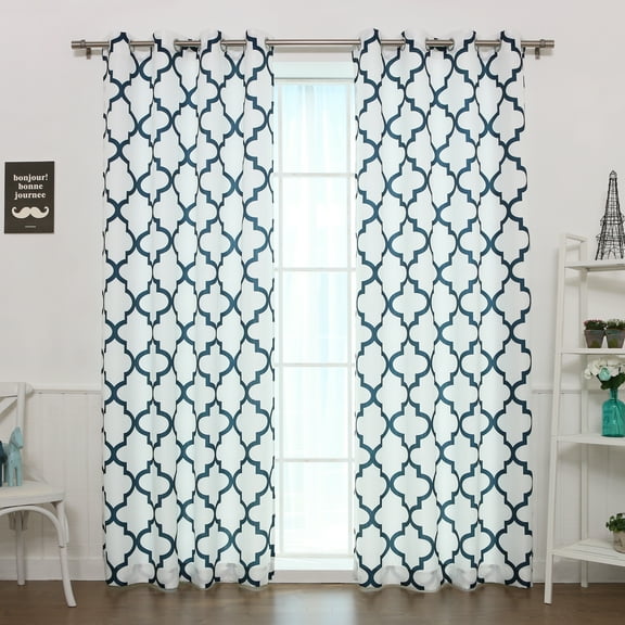 Quality Home Oxford Basketweave Reverse Moroccan Print Curtains – Stainless Steel Nickel Grommet Top – Navy – 52"W x 84"L - (Set of 2 Panels)