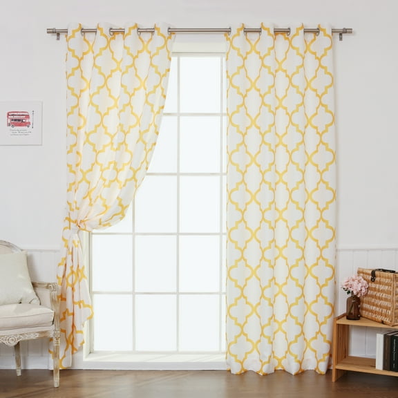 Quality Home Oxford Basketweave Reverse Moroccan Print Curtains – Stainless Steel Nickel Grommet Top – Yellow – 52"W x 84"L - (Set of 2 Panels)