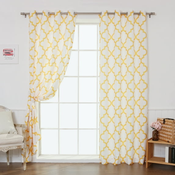 Quality Home Oxford Basketweave Reverse Moroccan Print Curtains – Stainless Steel Nickel Grommet Top – Yellow – 52"W x 96"L - (Set of 2 Panels)