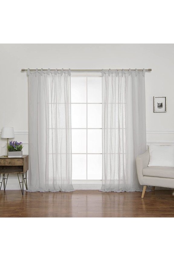 Quality Home Romantic Faux Linen Sheer Tie Top Curtains - Tie Top - Light Grey - 52" W x 84" L (2 Panels)