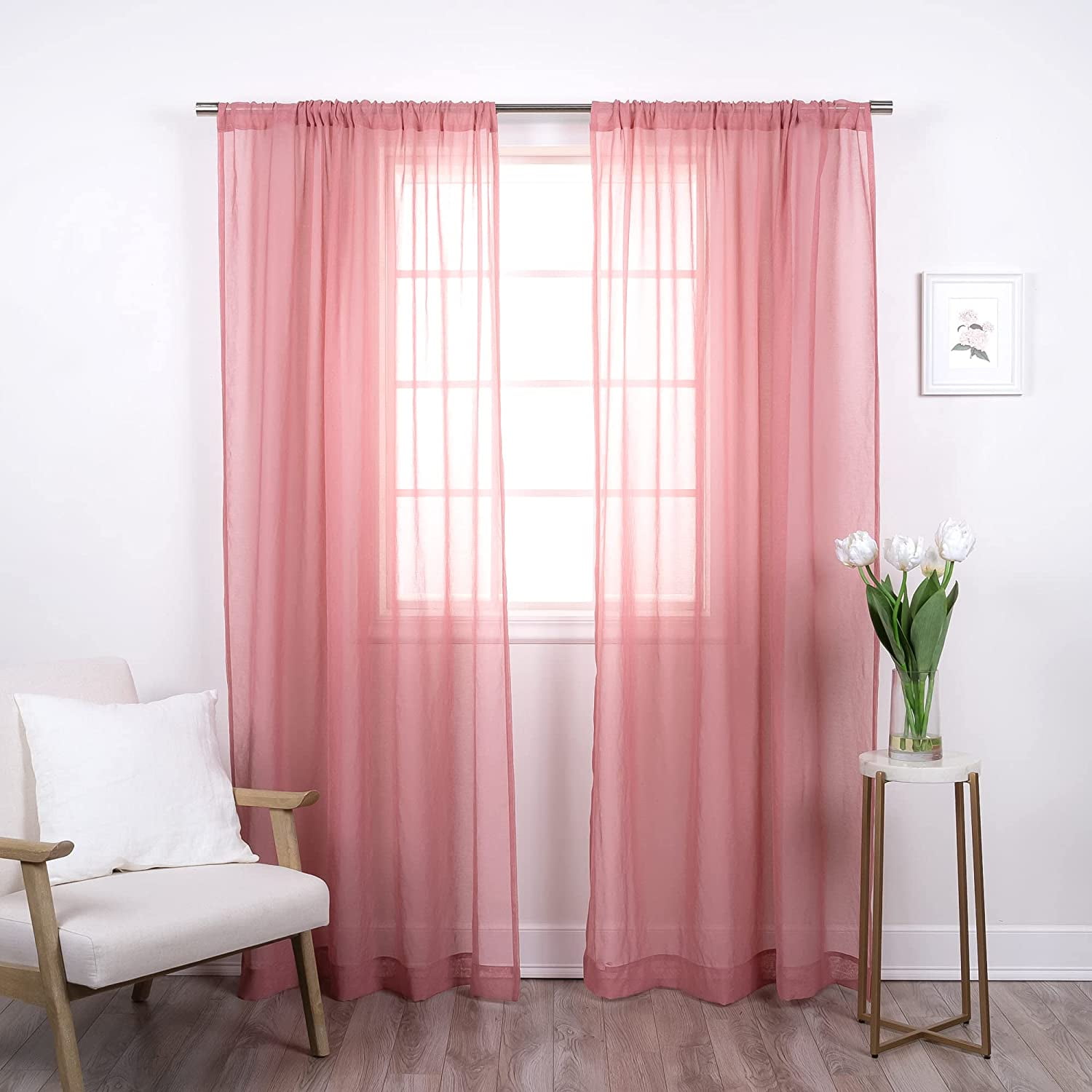 Quality Home Set of 2 Linen-Textured Semi-Sheer Curtain Panels – Rod Pocket Faux Linen Window Treatment for Living Room, Dining Room, Bedroom (Mauve, 52" W x 84 " L)