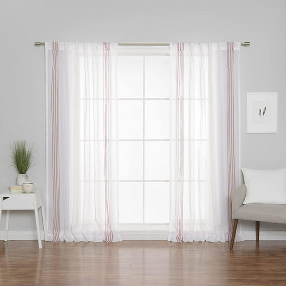 Quality Home Sheer Faux Linen Stripe Curtains - Rod Pocket - Ivory/Pink - 52" W x 84" L (Set of 2 Panels)