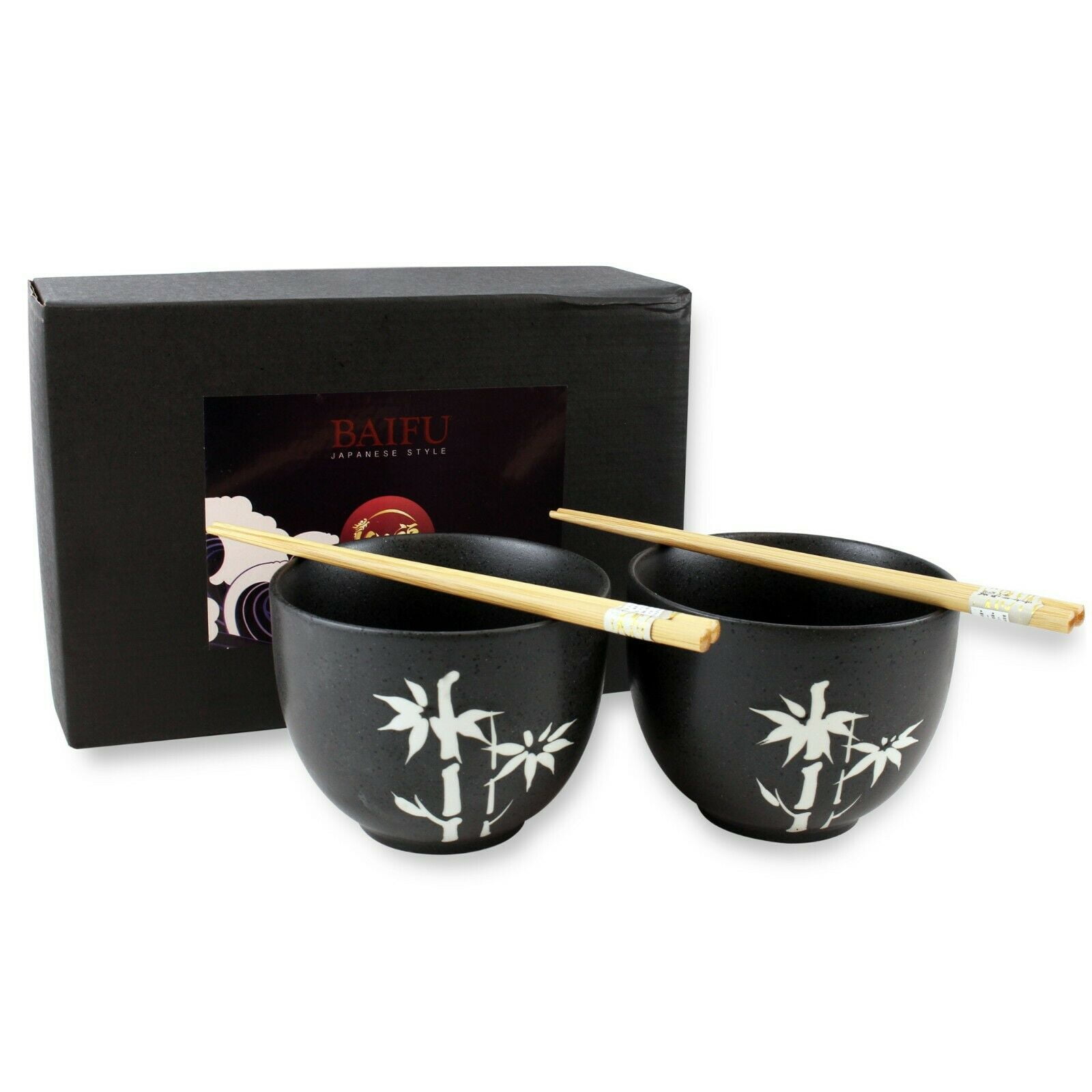 Quality Japanese Dinnerware Set of 2 Porcelain Black Bowls w Chopsticks Utensils EHD 1