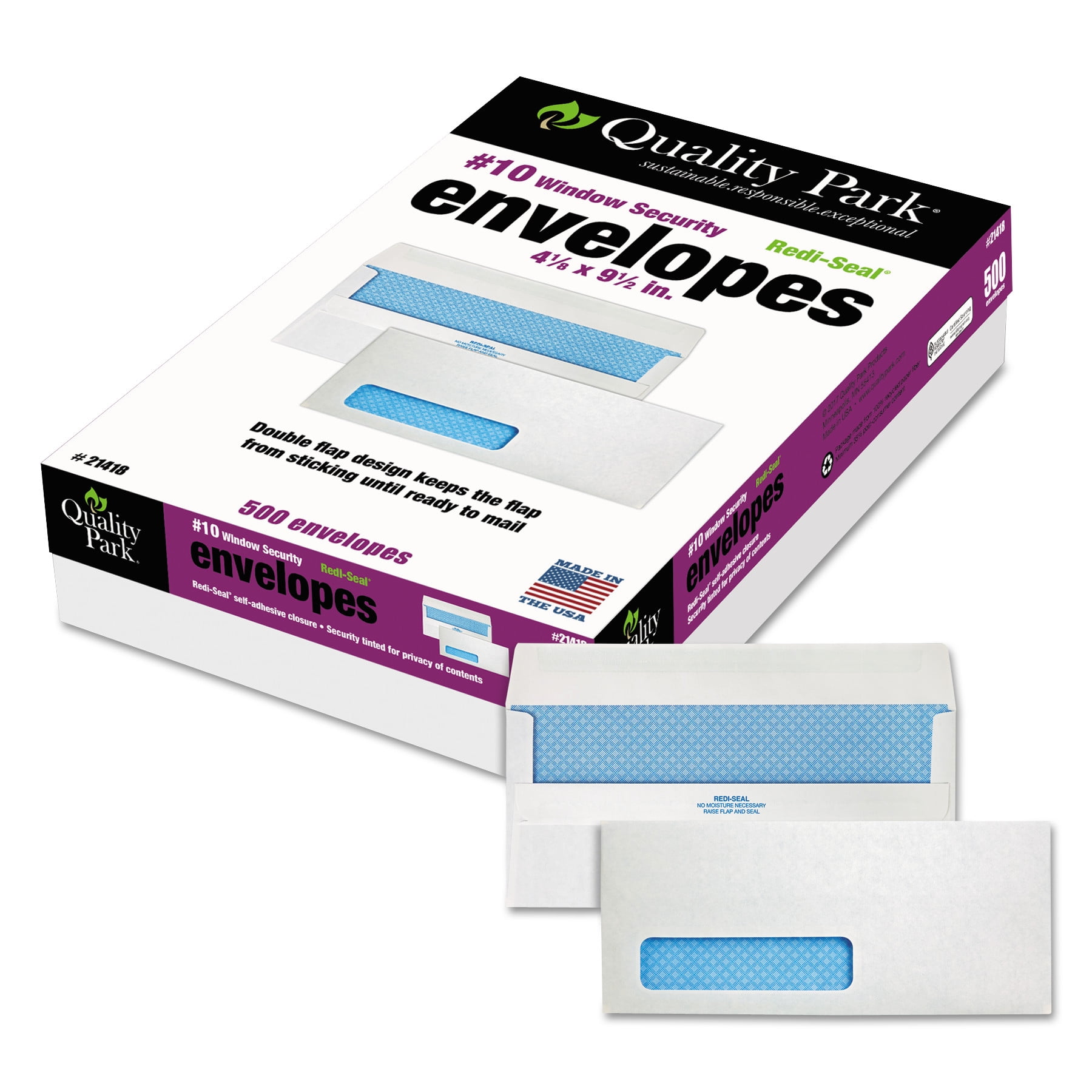 Quality Park® #10 Single Window Security Tinted Envelopes with a Self Seal Closure, 24 lb. White Wove, 4-1/8 x 9-1/2, 500 per Box