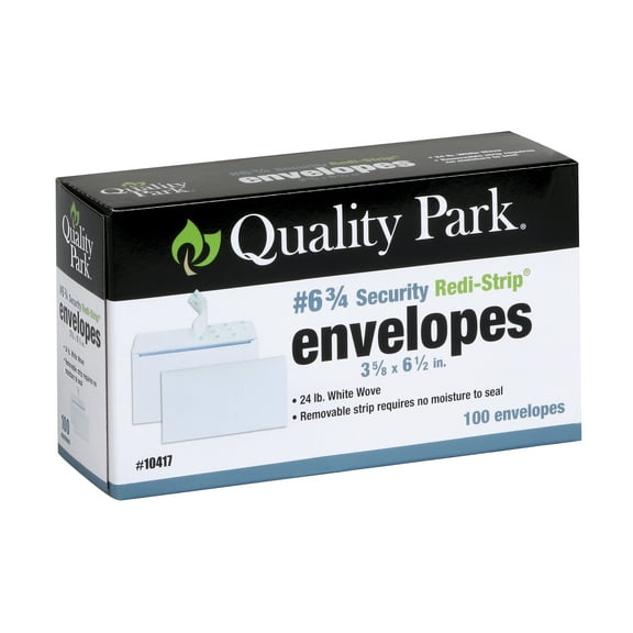 Quality Park #6-3/4 Security Tinted Envelopes, with Redi-Strip Self Seal Closure, for Business Mailings, 24 lb White Wove, 3-5/8 x 6-1/2, 100/Box