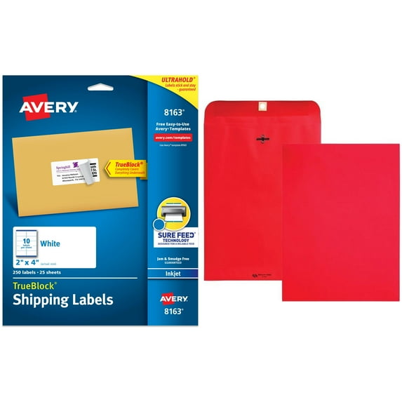 Quality Park Brightly Colored 9x12 Clasp Envelopes and Avery 8163 White Shipping Labels for Inkjet Printers, 2" x 4", 250 Labels/Pack Bundle