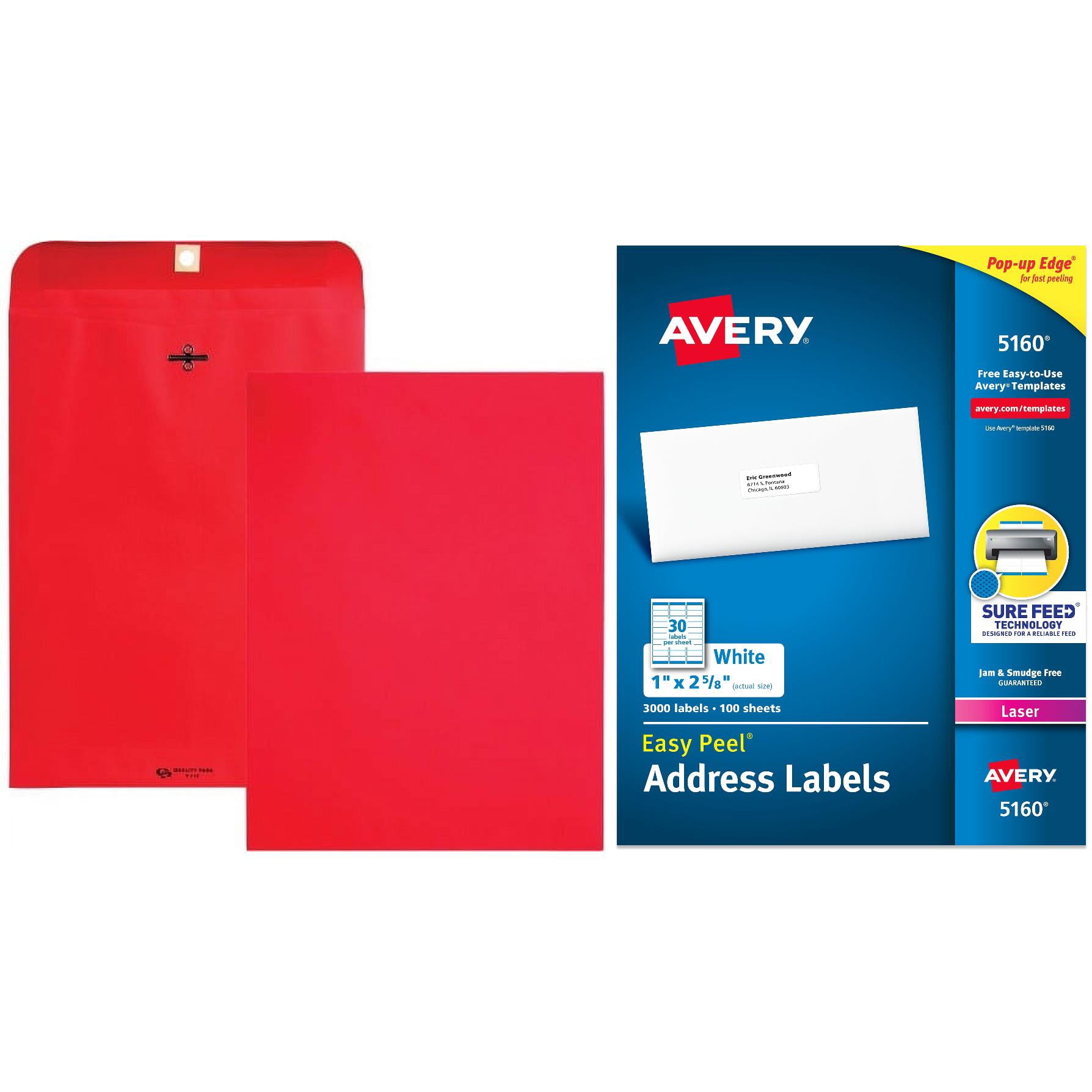 Quality Park Brightly Colored 9x12 Clasp Envelopes and Avery Easy Peel Laser Address Labels, 1 x 2-5/8, White, 3000/Box Bundle