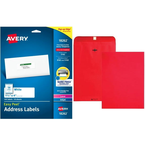 Quality Park Brightly Colored 9x12 Clasp Envelopes and Avery Easy Peel White Address Labels 18262, 1-1/3" x 4", Laser/Inkjet, 140pk Bundle