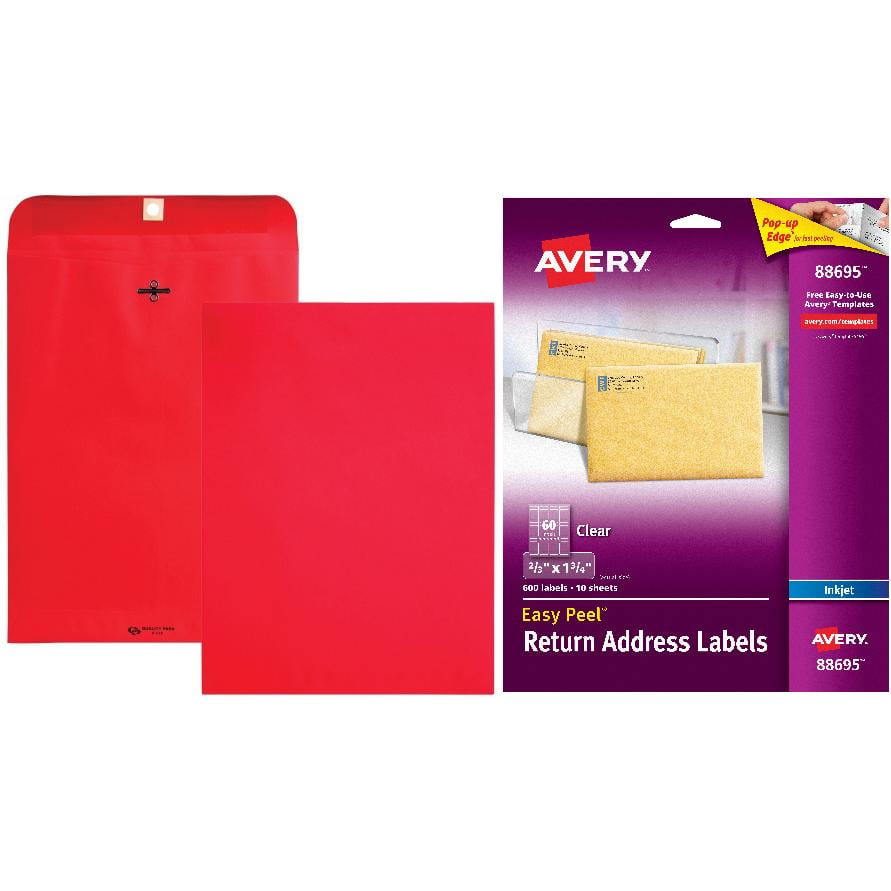 Quality Park Brightly Colored 9x12 Clasp Envelopes and Avery Return Address Inkjet Label, White