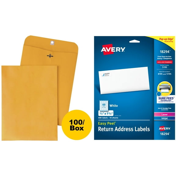 Quality Park Gummed Kraft Clasp Envelopes and Avery Easy Peel White Return Address Labels 18294, 2/3" x 1-3/4", Laser/Inkjet, 600pk Bundle