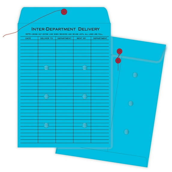 Quality Park® Interdepartment String & Button Closure Envelopes, 10" x 13", 1-Sided Narrow Rule, Blue, Box Of 100