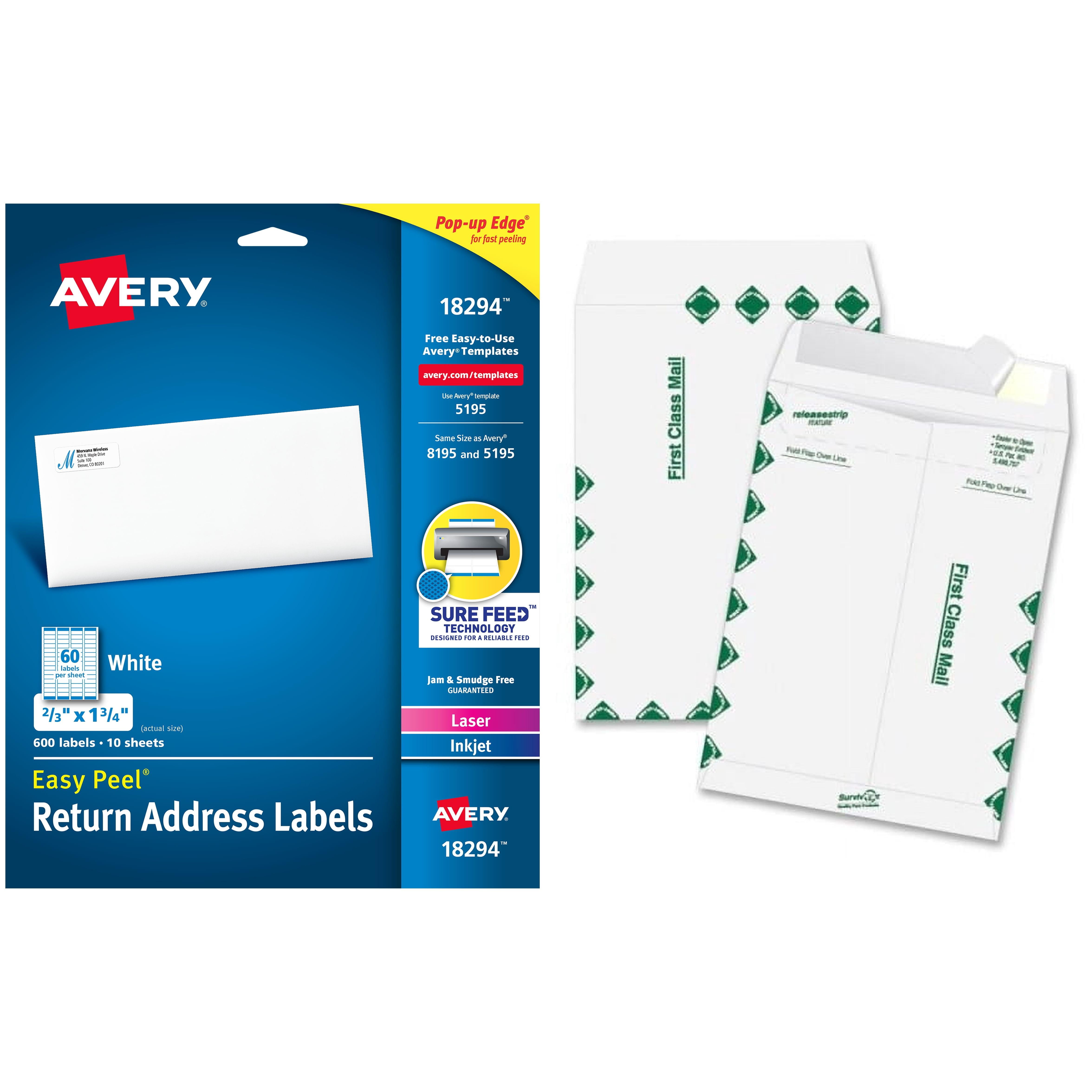 Quality Park Survivor Tyvek First Class Envelopes Pair with  Avery Easy Peel White Return Address Labels 18294, 2/3" x 1-3/4", Laser/Inkjet, 600pk Bundle