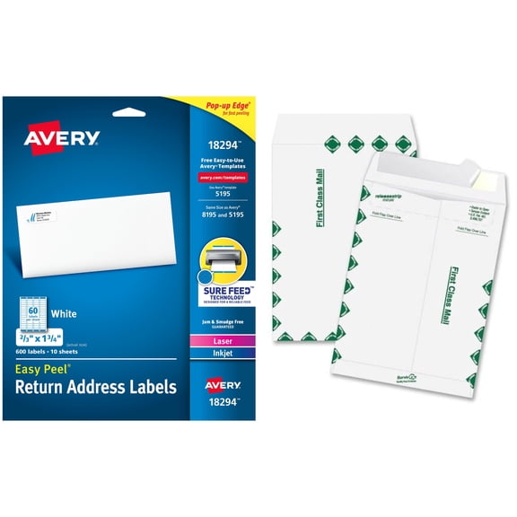 Quality Park Survivor Tyvek First Class Envelopes Pair with Avery Easy Peel White Return Address Labels 18294, 2/3" x 1-3/4", Laser/Inkjet, 600pk Bundle