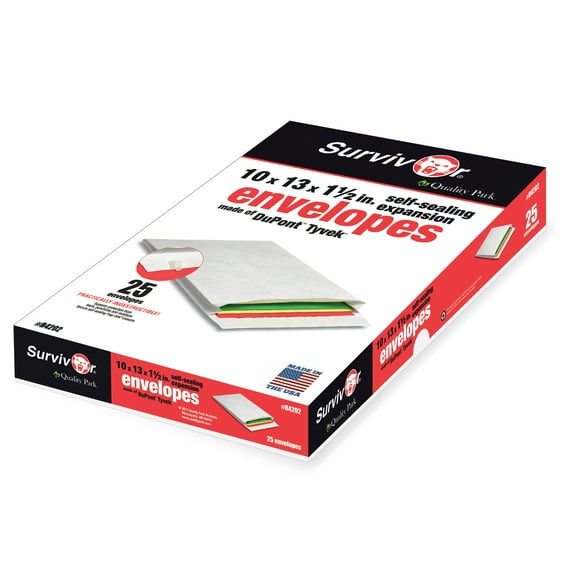 Quality Park Tyvek Shipping Solid Print White Expansion Mailers, 10" x 13", 1/2" Gusset, 14 lb, Self Sealing, 25 Ct