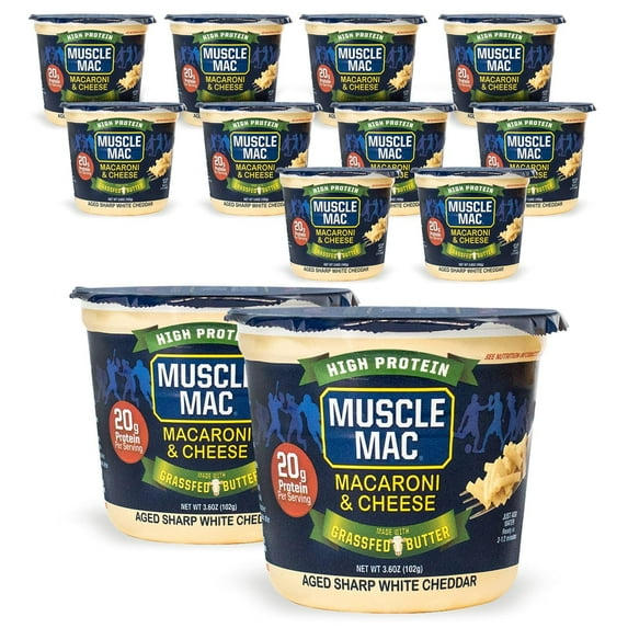 Muscle Mac Microwavable Macaroni & Cheese Cups - Aged Sharp White Cheddar Cheese - Made With Real Cheese & Butter (Updated Formula) - Vegetarian-Friendly Pea Protein - 3.6 oz