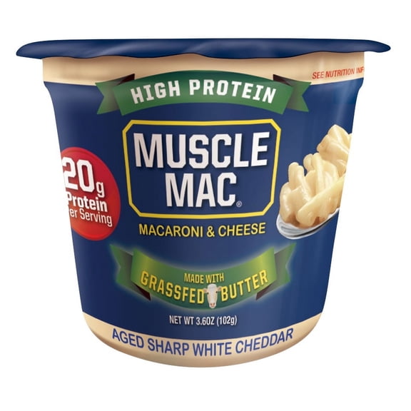 Muscle Mac Microwavable Macaroni & Cheese Cups - Aged Sharp White Cheddar Cheese - Made With Real Cheese & Butter (Updated Formula) - Vegetarian-Friendly Pea Protein - 3.6 oz