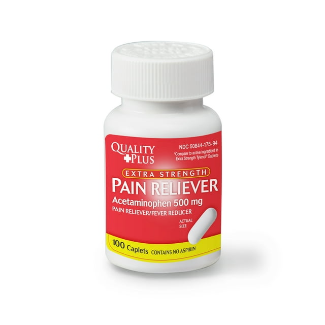 Quality Plus Extra Strength Pain Reliever/Fever Reducer Acetaminophen Caplet, 500 mg, 100 Count