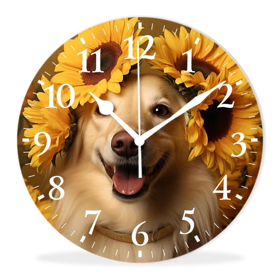 Quality Quartz Silent Non-Ticking Wall Clock Battery Operated Round Easy to Read clock for Home-Border Collie Sunflower Field Funny Animal Drawing(10inch)