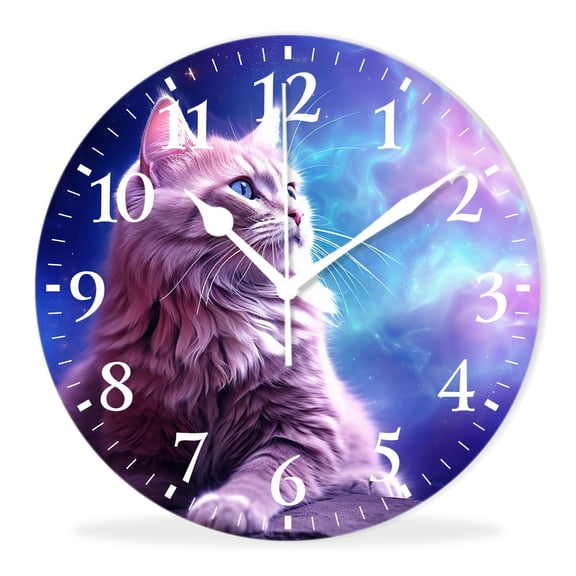 Quality Quartz Silent Non-Ticking Wall Clock Battery Operated Round Easy to Read clock for Home-Cat in Space Planet(10inch)