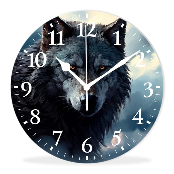 Quality Quartz Silent Non-Ticking Wall Clock Battery Operated Round Easy to Read clock for Home-Dark Night Wolf and Full Moon Creative(14inch)