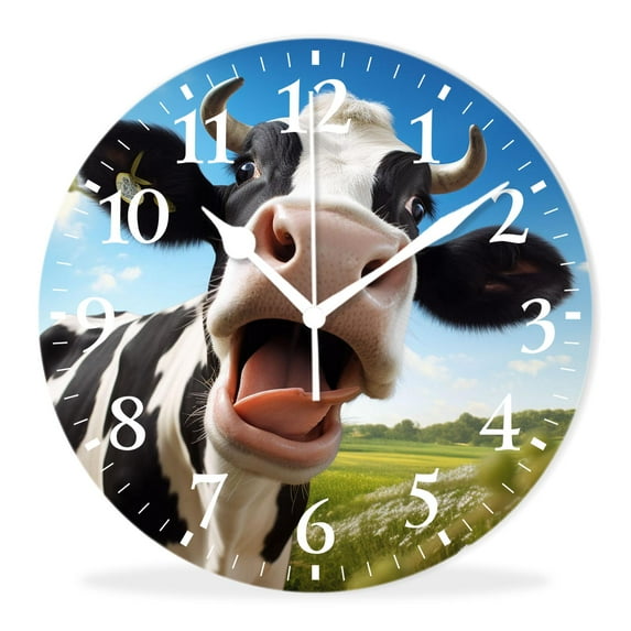 Quality Quartz Silent Non-Ticking Wall Clock Battery Operated Round Easy to Read clock for Home-Funny Cow On Pasture(10inch)
