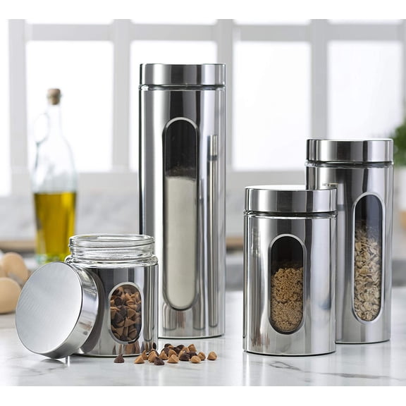 Stainless Steel Quality 4pc Canister Set with Glass Window & Airtight Lids, Food Storage Containers, Pantry Storage & Organization Set for Coffee, Flour, Pasta, Rice, Spices, Herbs