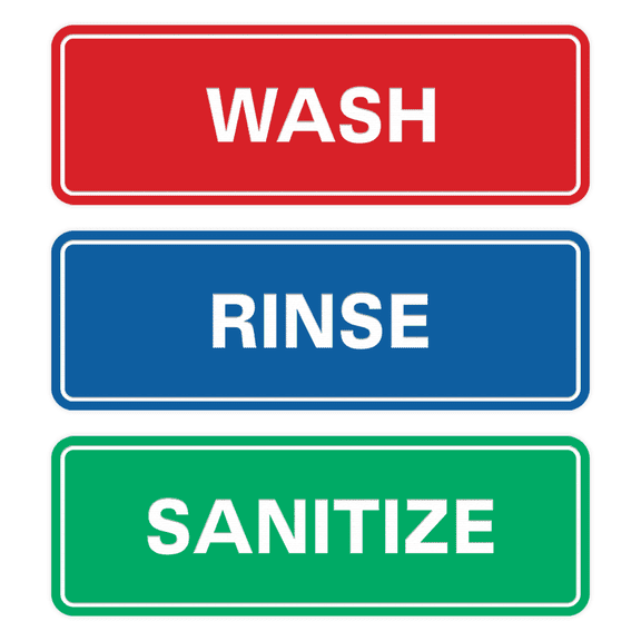 Quality Standard WASH RINSE SANITIZE Set of 3 Bay Sink Signs - Restaurant & Commercial Kitchen Sink Signs - Easy to Install - Red, Blue, Green (Small)