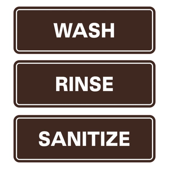 All Quality Standard Wash Rinse Sanitize Sign Set for 3 Bay Sink - Restaurant and Commercial Kitchen Signs - Easy to Install - Sink Set of 3 - Dark Brown (Medium)