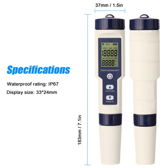 Quality Tester,Meter Ph/ec//salinity/thermometer Tester Water Quality Tester 5 In 1 Combo Meter Adben Rookin Hxber