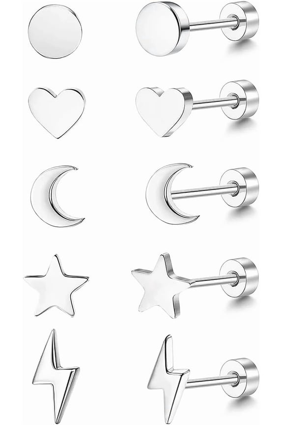 Quality Top Sterling Silver Mini Stud Earrings Set, Circle Heart Moon Star Lightning Bolt Shapes, Silver, 5mm, Cartilage Piercing, 5 Pairs[s168]