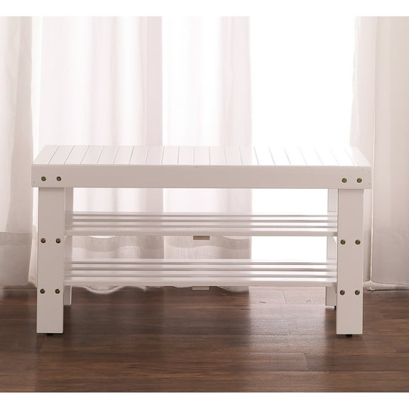 Quality White Solid Wood Shoe Bench With Shelf - Easy To Assemble Desk Robust And Handy Furniture