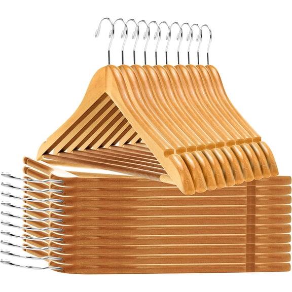 Quality Wooden Hangers - Semi Contoured Hanger Set in 20-Pack - Solid Wood Coat Hangers with Stylish Chrome Hooks - Heavy-Duty Clothes, Jacket, Shirt, Pants, Suit Curved Hangers (Natural, 20)
