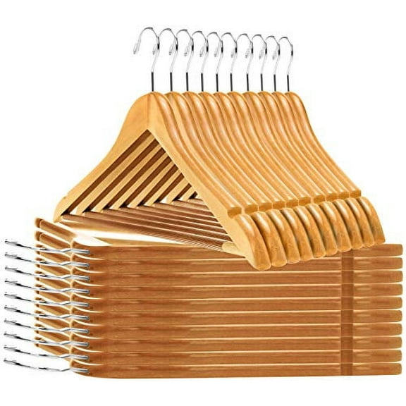 Quality Wooden Hangers - Slightly Curved Hanger Set - Solid Wood Coat Hangers with Stylish Chrome Hooks - Heavy-Duty Clothes, Jacket, Shirt, Pants, Suit Hangers (Natural, 10)