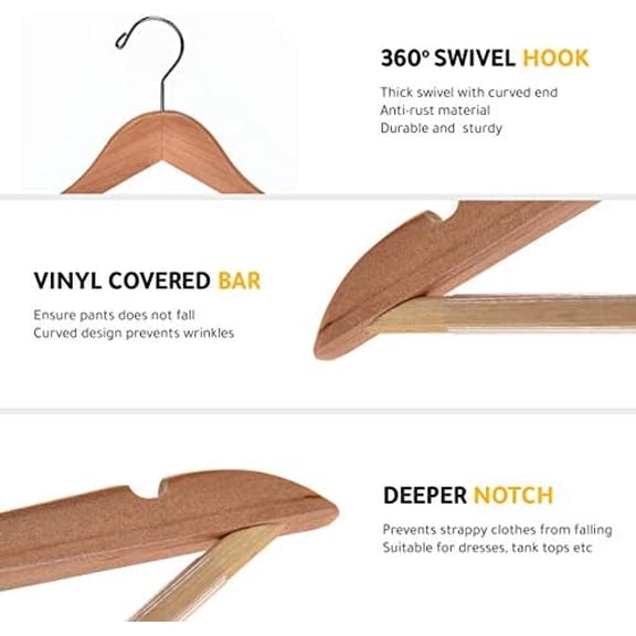 Quality Wooden Hangers - Slightly Curved Hanger Set - Solid Wood Coat Hangers with Stylish Chrome Hooks - Heavy-Duty Clothes, Jacket, Shirt, Pants,