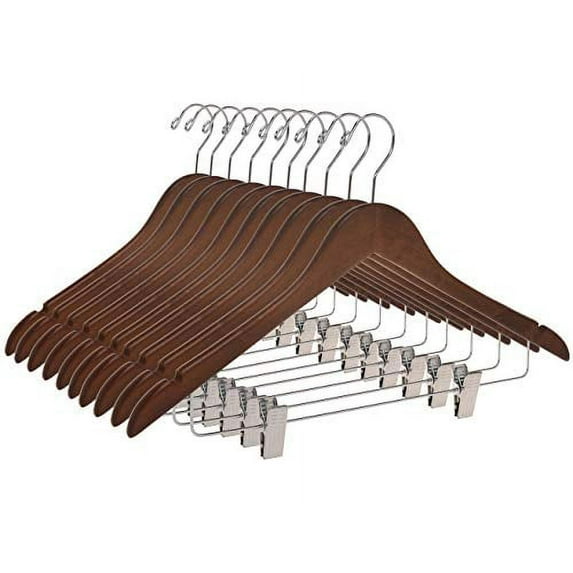 Quality Wooden Skirt Hangers with Clips, 10-Pack Smooth Solid Wood Pants Hangers with Durable Adjustable Metal Clips, Swivel Hook, Coat, Jacket, Blouse Suit Hangers (Walnut - Chrome Hook, 10)