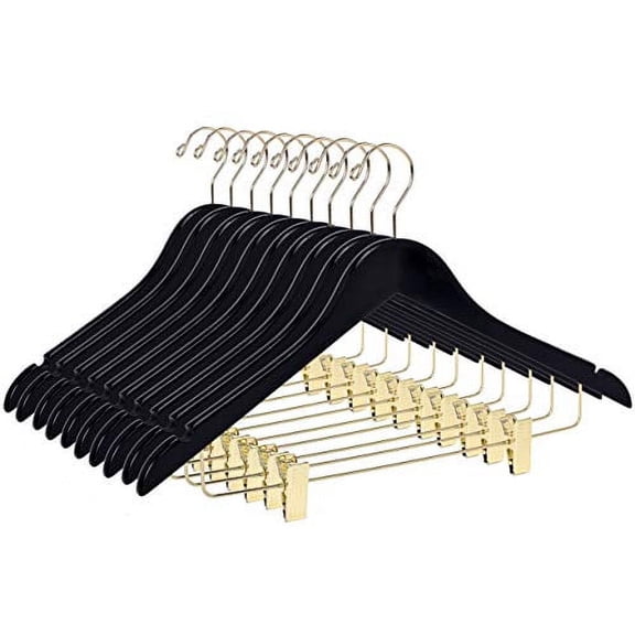 Quality Wooden Skirt Hangers with Clips, 10-Pack Smooth Solid Wood Pants Hangers with Durable Adjustable Metal Clips, Swivel Hook, Coat, Jacket, Blouse Suit Hangers (Black - Gold Hook, 10)